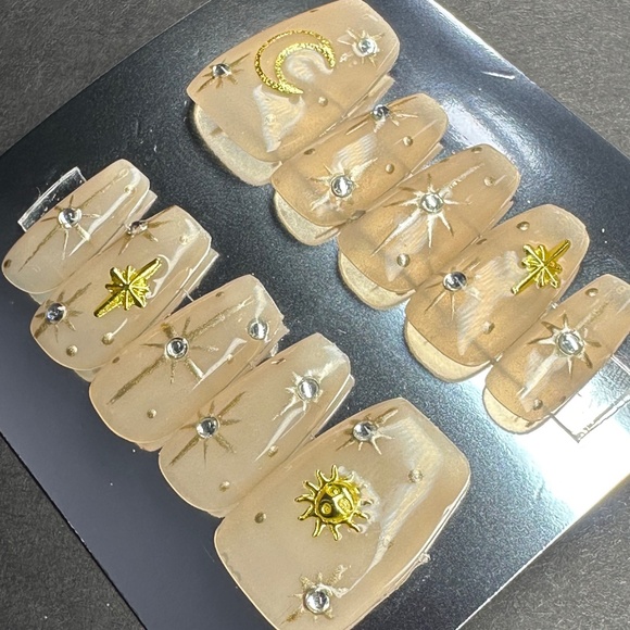 Nude Short Coffin stars, moon and sun handmade press on nails - Picture 3 of 5